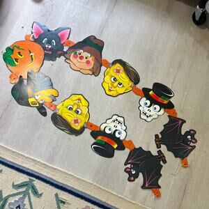 Vintage Halloween Banner Black Cat Witch Bat Frankenstein Jointed Die Cut 6 FT
